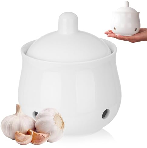 PRITOK Vaso per aglio in ceramica: contenitore per aglio con coperchio e fori di ventilazione, 372295428089450ML per cipolla traspirante, 11,4 x 9,5 cm