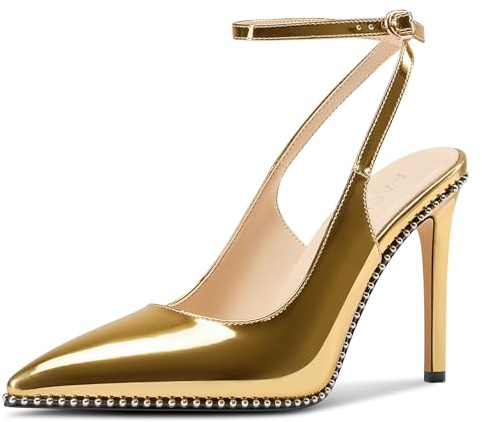Aachcol Escarpins en cuir verni avec sangle de cheville et bout pointu pour femme, bride arrière, talons hauts pour mariage, bal de fin d'année, chaussures habillées en cuir verni 10 cm, doré, 38.5 EU