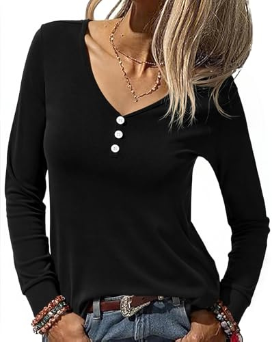 Terecey Camiseta Mujer Manga Larga Camiseta Basica de Algodón Cuello V Cómodo y Moderno Top Casual Elástico para Diario y Oficina