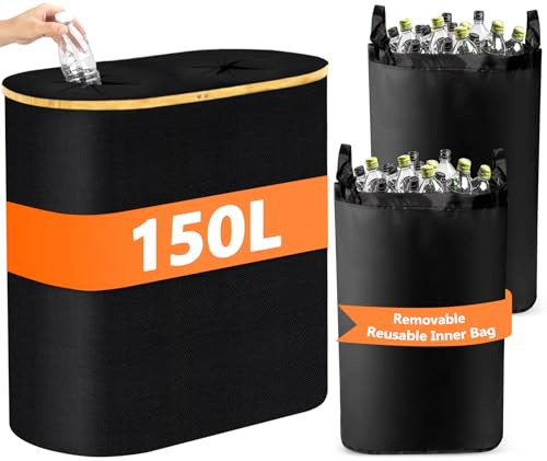 Poubelle Recyclage 150l, Collecteur De Bouteilles Consignées Avec Trou,Avec Couvercle,Poubelle 2 Compartiment 2 Sacs De Transport Amovible,Pour Plastique, Bouteilles Verre,Domestique,Cuisine, Noir