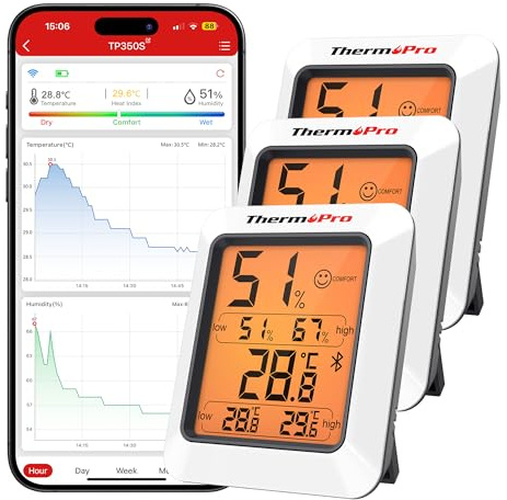 ThermoPro TempPro TP350 Thermomètre D'ambiance Bluetooth, Hygromètre D'intérieur avec Alertes, Hygromètre avec Enregistrement de Données D'application Intelligente, Pour Chambre, Bureau, lot de 3