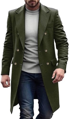 Dyhxuan Abrigo de lana para hombre, elegante, largo, gabardina, abrigo de invierno de doble botonadura, corte ajustado, abrigo para hombre, cuello de muesca, abrigo de negocios, informal, Verde