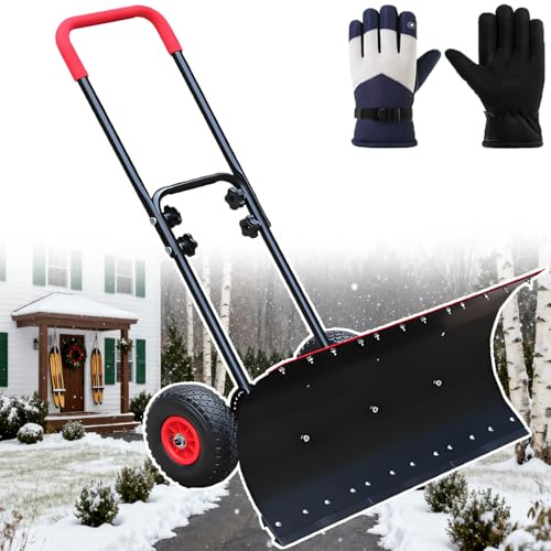Ny snöpusher med hjul – justerbar snöplog för uppfart och gångväg – kraftig snöspade i stål – vintersnöborttagning utomhus – 2-i-1-design