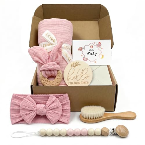 Babypresent Nyfödd 7-i-1, Babyset Nyfödd med Babyhandduk 75x90 cm, Bitring Trä, Babyborste & Napphållare, Present Till Nyfödd, Babyshower Present, Dopgåva Baby Flicka Pojke (Rosa)