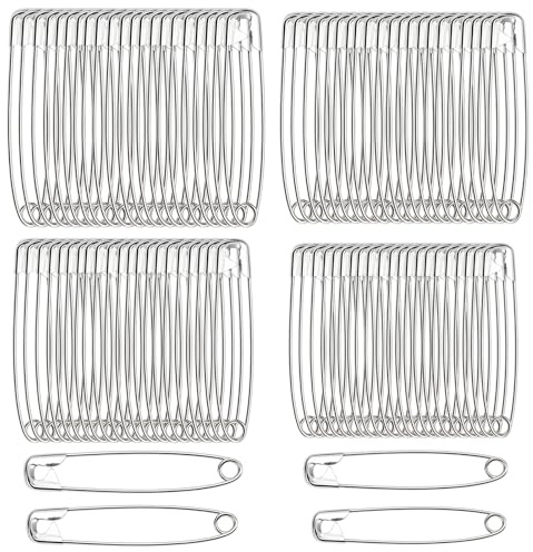 Alfileres de Seguridad 120 Unidades en 4 tamaños 31mm 38mm 45mm 55mm, 30 Unidades por tamaño, de Metal Resistente Color Plateado, para Costura, Manualidades, reparación de Ropa