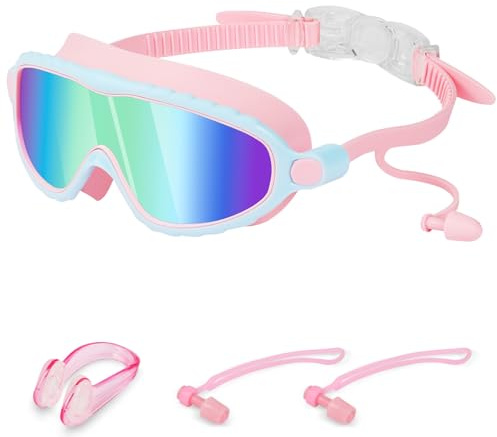 DiULi Gafas de Natación Unisex Niños, Gafas de Natación Polarizadas/No Polarizadas, Goggles Niño 100% Anti-UV, Vista de 180°, Silicona Suave, Antivaho, Tapones para Los Oídos y Pinza Nasal (Azul)