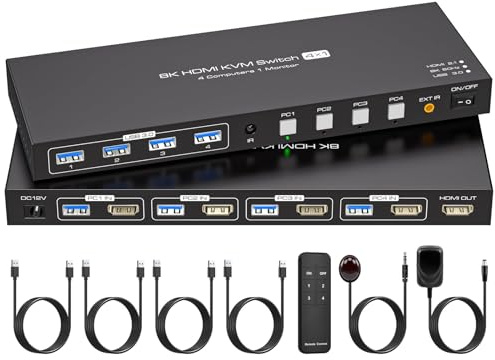 VPFET 4K144Hz HDMI 2.1 KVM Switch 4 PC 1 Monitor 8K60Hz Simulazione EDID 4 Porte KVM Commutatore per 4 parti PC 1 monitor e 4 dispositivi USB 3.0 Tastiera Mouse Stampante con 4 cavi USB 3.0