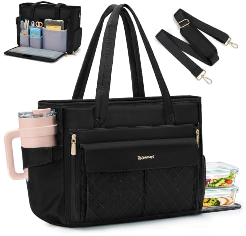 RAINSMORE Teacher Work Bag with 15.6 Laptop & Lunch Compartment for Women | Ladies Laptop Handbag With Bottle Holder, Multiple Pockets, Large Work Tote Bag for Nurses, Office, College, Black