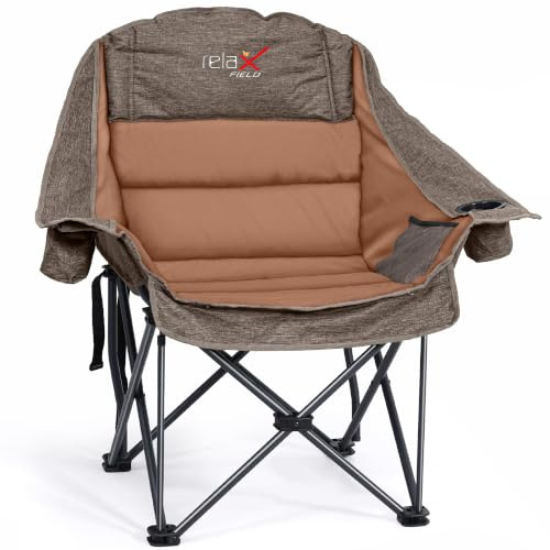 RELAX FIELD Överdimensionerad campingstol, vikbar, campingfåtölj, stoppad, fällstol, camping, fiskestol, kan belastas upp till 227 kg, brun