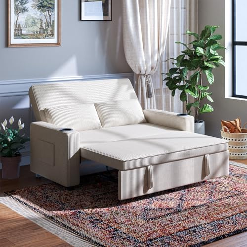 JUMMICO 62.99 Pull Out Sofa Bed with Adjustable Backrest Sleeper Sofa 2 Seater Convertible Small Couches Modern Corduroy Fabric For Living Room Bedroom,Beige