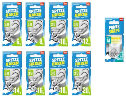 Spitze Haken Jigkopf-Set 3/0 - Lieblingsköder 10 cm - 16 Jigköpfe + 20 Snaps