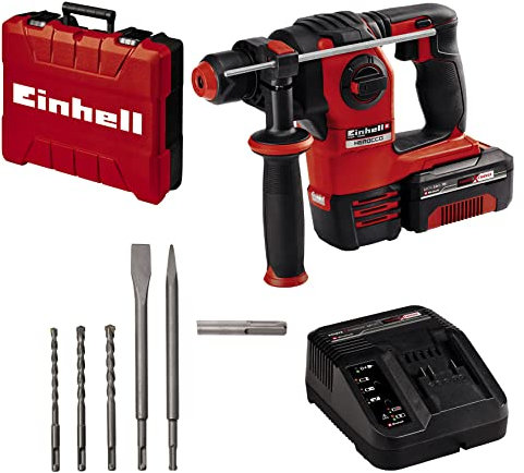 Einhell Kit Martillo perforador con batería HEROCCO+5 Power X-Change (iones de litio, 18 V, 2.2 J, 18 Nm, SDS-Plus, incl. batería 3,0 Ah, cargador, 3 brocas, cincel plano, cincel punta y E-Box)