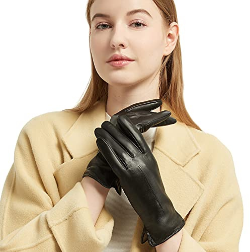 NOVBJECT Gants Hiver Femme Cuir Écran Tactile Chaud Nappa Italien Gant Sport Mitaines Conduite Cyclistes, Noir, L