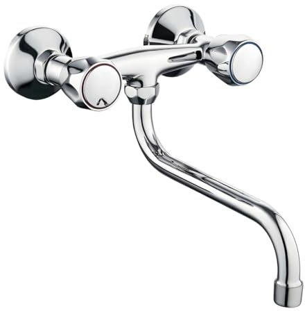 Ogomondo Rubinetto Lavello a Muro Cucina Down Canna S Ottone Cromato Miscelatore Acqua Calda e Fredda con Manopole