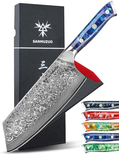 SANMUZUO Coltello Nakiri Professionale - Coltello da Cucina 19 cm, Coltello da Chef Acciaio Damasco da 67 Strati- Impugnatura Ergonomica Resina - Xuan Series(Blu Zaffiro)