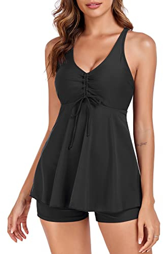 FLYILY Dam tryck band tankini set magkontroll baddräkter korsrygg tankini topp två delar blommigt tryck badkläder med shorts, Svart, XL