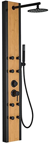 BWE Shower Massage Panel Black 8-Jet Multifunction Shower Panel System Bamboo Wood and Stainless Steel Panel with Handheld Wand Wall Mount Shower Column