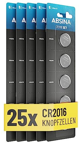 ABSINA CR2016 Knopfzelle 25er Pack - CR 2016 Knopfzelle 3V auslaufsicher & Lange Haltbarkeit - Batterie CR2016 für Autoschlüssel, Küchenwaage UVM - 2016 Lithium Knopfzelle 3V, Knopfbatterie CR2016