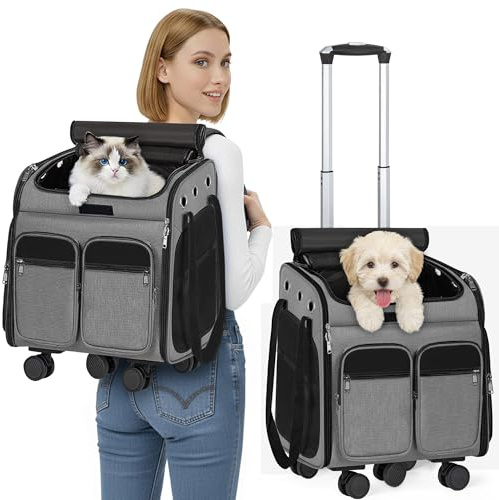 OUUTMEE Haustiertragetasche, Tragetasche mit Rollen, Katzentragetasche mit Rollen, für Katzen und kleine Hunde, 4-Wege-Handtasche, multifunktionaler Rucksack, atmungsaktiv Grau