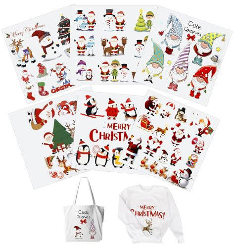 6 Blatt Weihnachtliche Bügelbilder, Niedliche Weihnachts Flicken zum Aufbügeln für Stoff Schneemann, Elch, Weihnachtsmann Aufkleber Wärmeübertragung Applikationen für DIY Kleidung