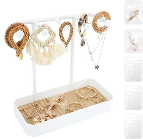 Schmuckständer Klein mit 5 Schmucksäckchen, Multifunktional Schmuckhalter mit Bodenschale, Ohrringhalter Schmuckaufbewahrung für Halsketten, Armbänder, Armreifen, Ringe, Uhren, Parfüm (Weiß)