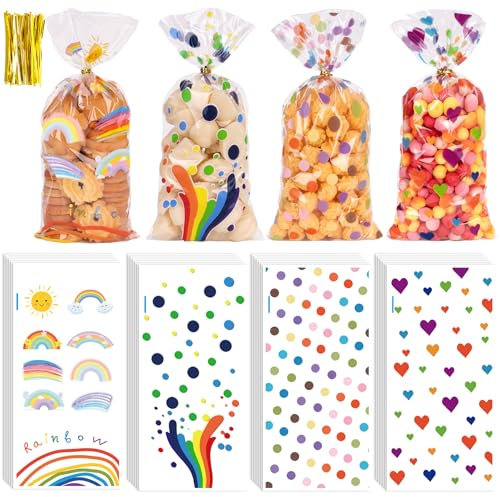 Larcenciel Opp Cellophantüten 100 Stück, Transparent Süßigkeiten Tüten mit Verschluss, Regenbogen Liebe Plastiktüten für Candybar Kekse, Klein Zellophantüten für Geburtstag Hochzeit Party (27x13cm)