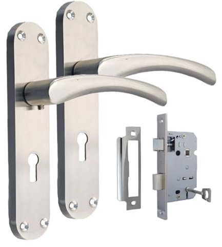 Epsom Door Handle Internal Satin Nickel Twist Door Handle Set and 3 Lever sash Lock, Interior Lock Lever on Long Back Plate, Privacy Lockable Handle for Bathroom, Bedroom, Front Door.