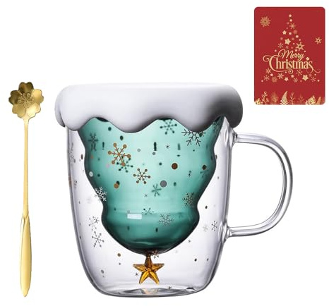 JOAASU Tazze da caffè con albero di Natale, 300 ML Tazza da Caffè Natalizia, Tazza di Vetro Albero di Natale, Tazza Vetro Doppia Parete, Tazze Natalizie con Manico e Cucchiai, Regali di Natale (Verde)