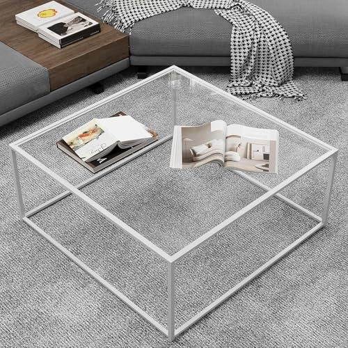 Glass Coffee Table, Square Coffee Table, Modern Center Table, Tea Table with Sturdy Metal Frame, Sofa End Table for Living Room, Tempered Glass Top, 26.4 x 26.4 x 15.7 IN, White