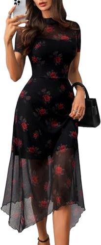 GothDark Women Summer Wedding Guest Floral Mesh Irregular Hem Midi Dress