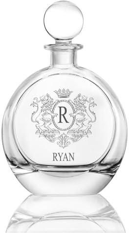 ukgiftstoreonline Personalised Monogram Round Glass Whiskey Decanter with Stopper Birthday Gift