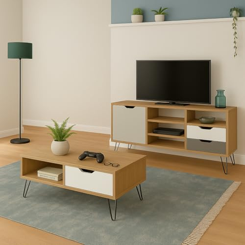 MOMMA HOME Pack 2 Muebles de Salón: Mueble de TV y Mesa de Centro – Acabado Roble, Blanco y Gris en MDF, Patas de Metal, Conjunto Comedor