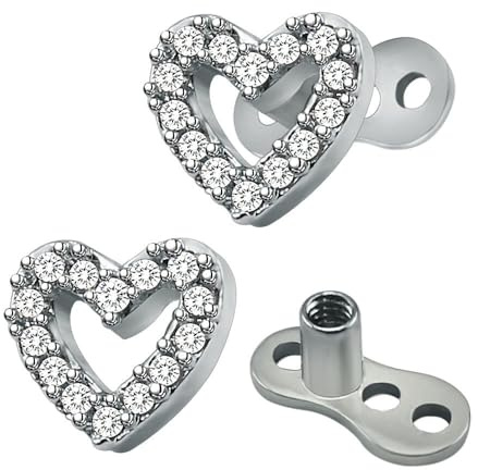 IMINI 2Pcs 14G Base Surgical Steel Dermal Anchors with Cubic Zirconia Heart/Moon/Flower Tops – Hypoallergenic Personalized Microdermals Body Piercing Jewellery Gifts for Women (Hollow Heart)