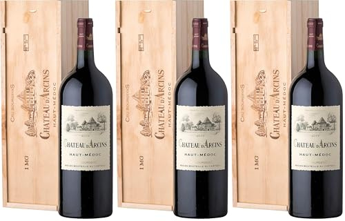 Coffret Cadeau Caisse Bois - MAGNUM Château Arcins - AOP Haut Medoc - Cru Bourgeois - Vin Rouge - 1,5 L (Lot de 3)