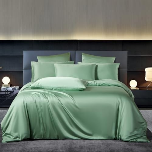 Funda nórdica de 220 x 240 cm, bambú verde, juego de cama de 220 x 240 cm, para adultos, 2 personas, fresco, Tencel Lyocell Lyocell, ropa de cama de seda lisa, sedosa brillante, lujosa, funda nórdica