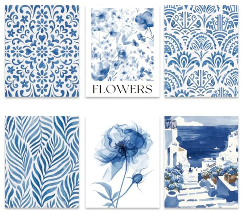 GOMAKERER 6 Stück Blaue Küsten Wandkunstdrucke Blau Weiße Wandkunst Ästhetische Poster Hellblaue Bilder Wanddekoration Für Schlafzimmer Galerie Heimdekoration (254x205mm Ungerahmt)