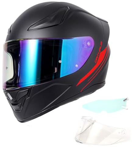 Orthrus Full Face Motorcycle Helmet -DOT Motorbike Helmets for Adult Men and Women, Street Bike Racing Motocross Helmets with Clear and Tinted Visor (M, Matte Black Red)