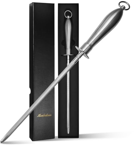 Monbalcon Honing Rod 10'', German High Carbon Steel Knife Sharpener Rod with Premium Gift Box, Professional Fine Sharpening Stone Kitchen Knife Whetstone with Stainless Steel Handle, 10 inch
