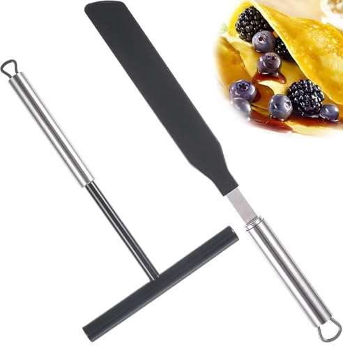 Accesorios para crepes, 2 espátulas y espátulas de acero inoxidable, distribuidor de crepes, distribuidor de masa en forma de T para crepes, distribuidor de masa de acero inoxidable para panqueques