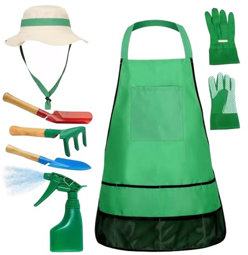Juego de jardinería para niños, 7 piezas/juego, jardinería educativa para niños pequeños, incluye delantal, rociador, guantes, sombrero, rastrillo, palas, herramienta para para el hogar, regalo