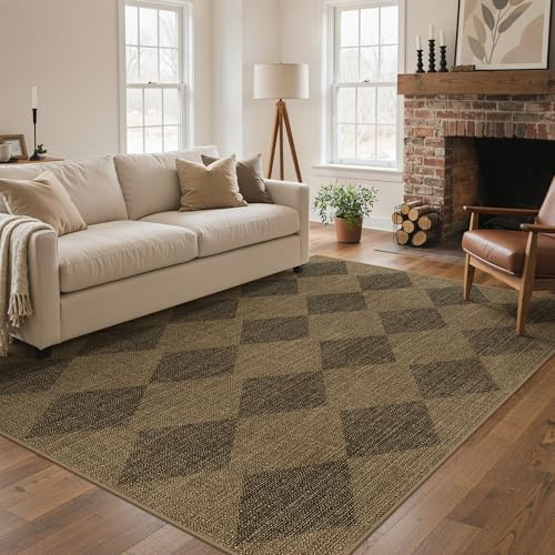 GENIMO Alfombra Interior Exterior Efecto Yute 160x230 cm, Poliéster, Lavable, Antideslizante y Fácil de Limpiar, para Salón, Balcón y Terraza, Diseño Rombo