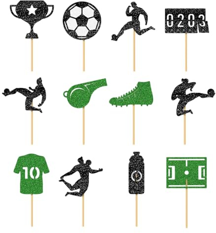 Topper per torta calcio, design palla 2D, 12 pezzi, bandierine sportive per cupcake, decorazioni per torte per feste, topper per dessert, per eventi di compleanno, giochi scolastici a casa