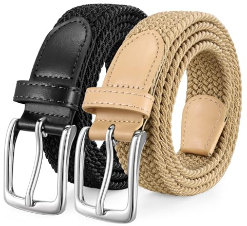 LEACOOLKEY 2 Pack Braided Elastic Belts Casual Stretch Canvas Woven Belts for Jeans Pants，1.18 Wide with Silver Buckle