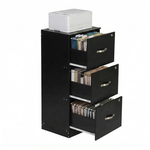anrekl Caisson de Rangement, Meuble Bureau 3 Tiroirs, Verrouillable Armoire Meuble de Rangement Bureau 103.5 cm Hauteur pour Dossiers Suspendus, Papier Administratif, Imprimante, Format A4, Noir