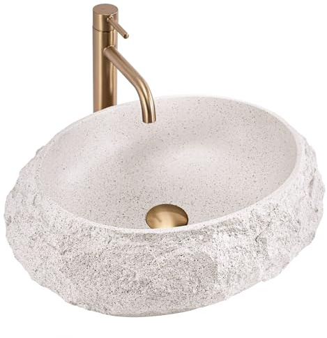 Rea - Lavabo Da Appoggio Ovale Mika, Beige, Effetto Pietra, Grigio, Pietra Artificiale (Pietra Composita Artificiale), 48X38X11,5Cm
