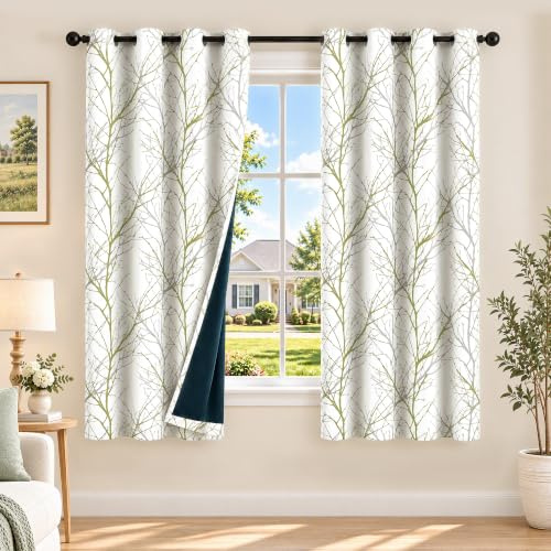 FMFUNCTEX Thermal Blackout Eyelet Curtains Bedroom 72 Inch Drop Sage Green | Room Darkening Window Curtains 2 Panels for Living Room, Green on White Tree Branch Pattern Drapes, Noise Reducing, 52W x 72L