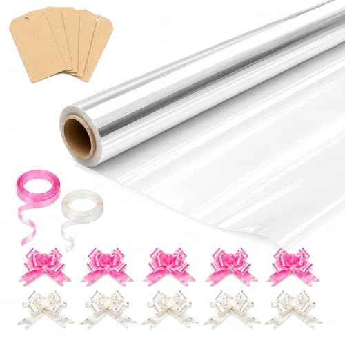 HURUC Clear Cellophane Wrap Roll 40cm x 30m – 2.5 Mil Wrapping Paper for Gift Wrapping, Florist Packing, Basket Hampers, Christmas & Birthday Gifts