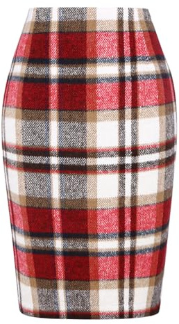 Kinghua Falda lápiz de lana a cuadros para mujer, para otoño e invierno, cintura alta, con abertura, longitud hasta la rodilla