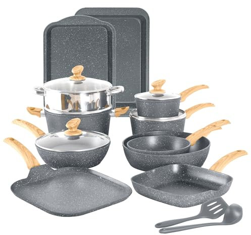 Kitchen Academy Topfset Induktions-Kochgeschirr-Set mit Glasdeckeln und Granitbeschichtung inkl. Pfannen und Töpfe (grau)