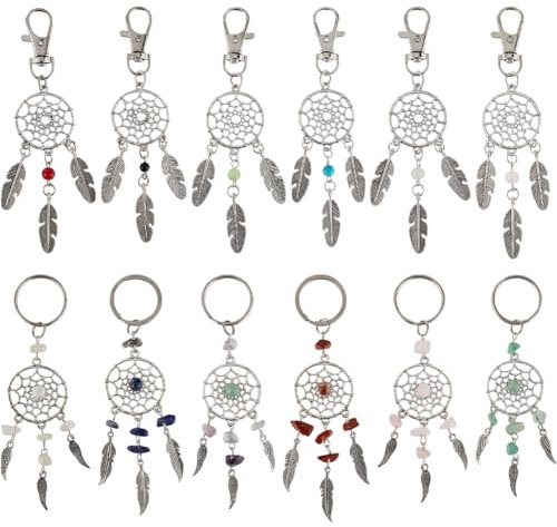 SUNNYCLUE 1 boîte 12styles Lot de Porte clés Porte-Clés Attrape-Rêves Style Bohémien en Pierre Naturelle en Vrac Perles de Pierres Précieuses Breloques Plumes-Bonheur Perles Chakra Cris